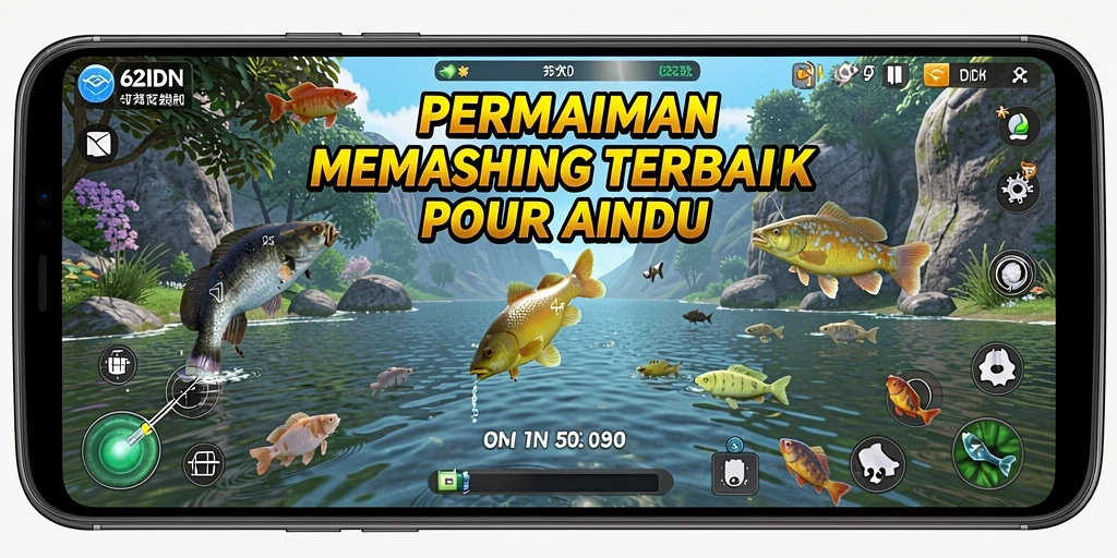 Screenshot gameplay 62IDN dengan ikan-ikan berwarna-warni dan alat pancing.