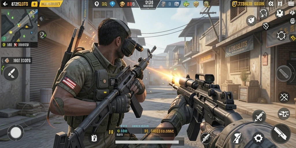 Tampilan gameplay 8728SLOTS yang intens dalam misi tembak-menembak.