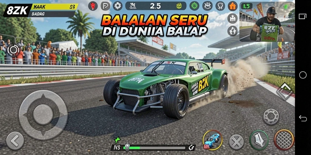 Screenshot utama menampilkan aksi balapan intens di <strong>8ZK</strong>.