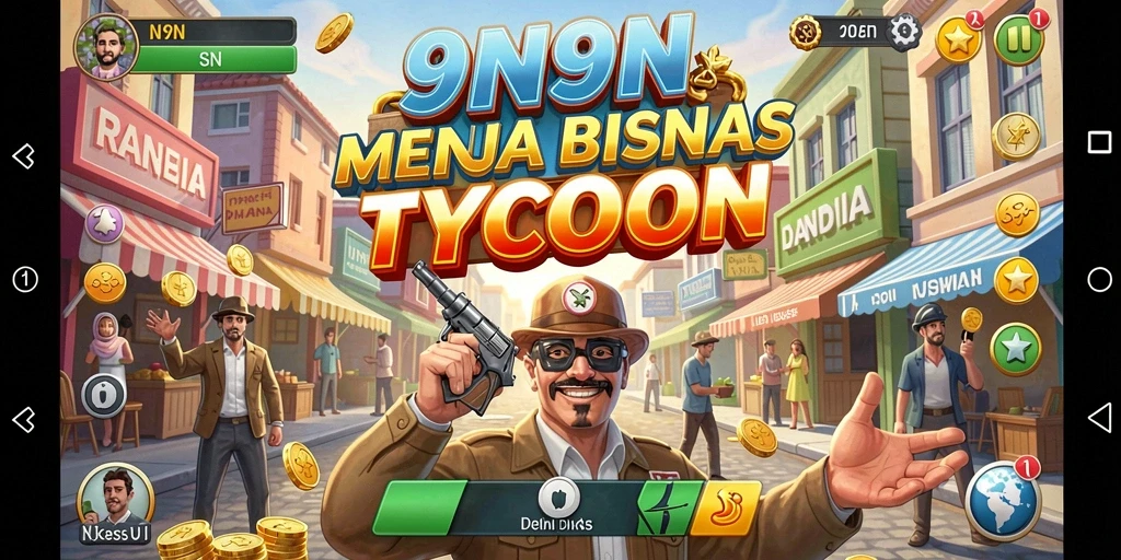 Tampilan gameplay 9N9N yang menampilkan strategi pengelolaan bisnis.
