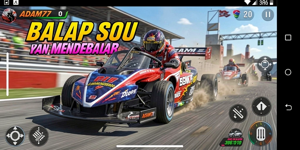 Screenshot ADAM77 menampilkan gameplay balap yang mendebarkan dan penuh aksi.