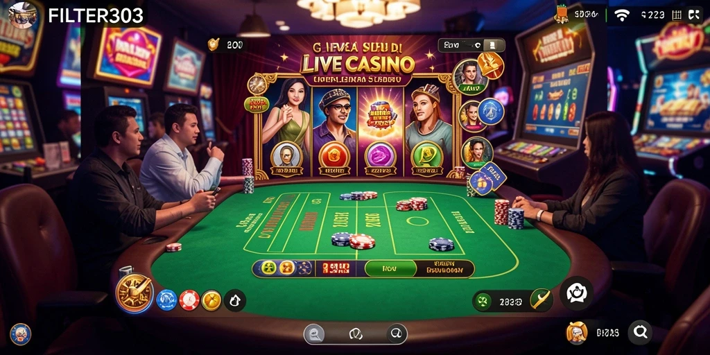 Screenshot gameplay FILTER303 yang menunjukkan dealer langsung dan suasana permainan.