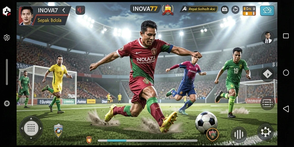 Gameplay menarik dalam INOVA77 dengan aksi sepak bola yang seru.