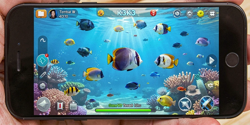 Tampilan gameplay menarik dari K3K3, menembak ikan di lautan.