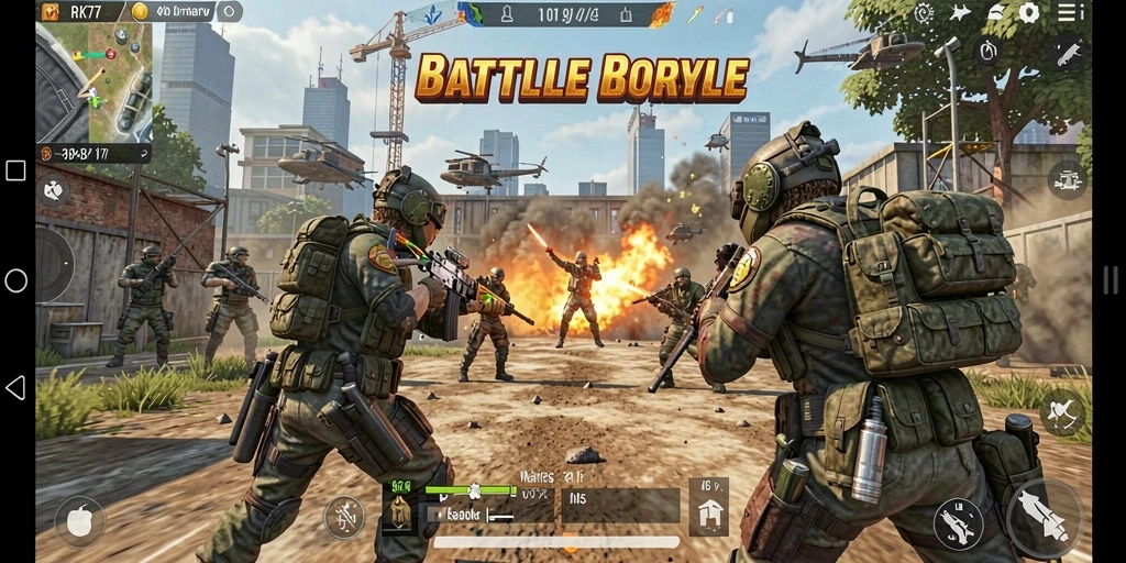Screenshot RK77 menampilkan pemain beraksi dalam pertempuran intens Battle Royale.