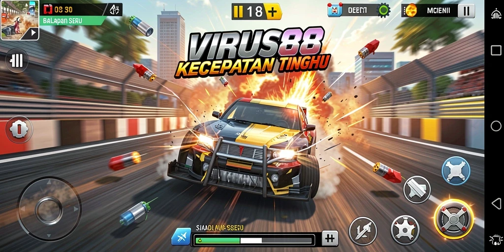 Tangkapan layar gameplay <strong>VIRUS88</strong> dalam aksi balapan yang mendebarkan.