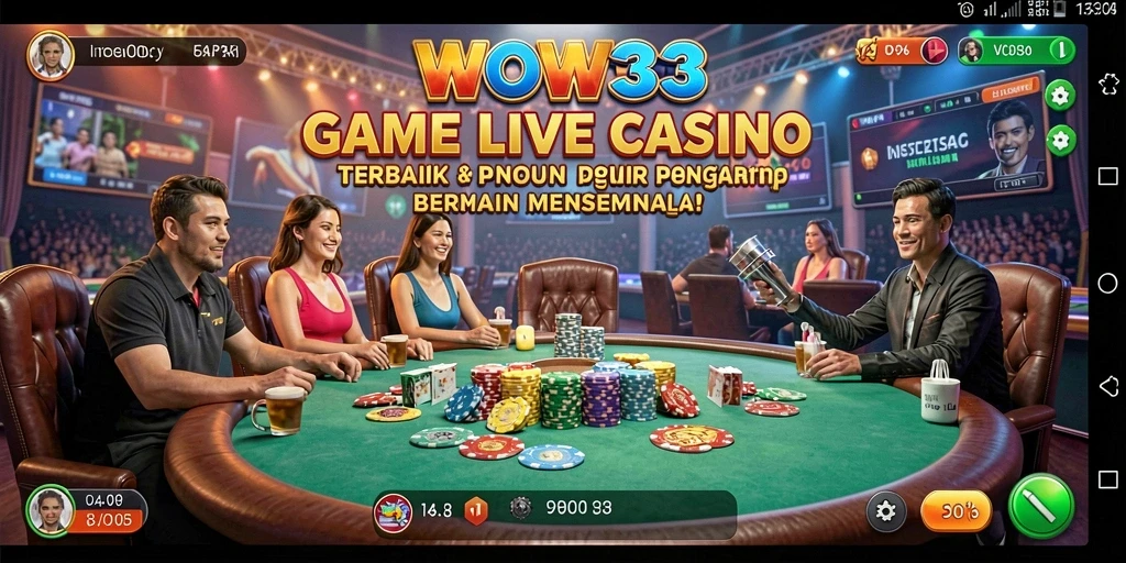 Screenshot gameplay WOW33 yang menampilkan dealer dan permainan Live Casino.